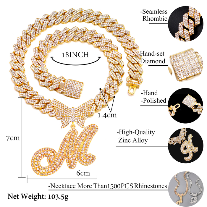 Chokers Men Women 14MM Cuban Chain Crystal Butterfly Initials Name Pendant Necklace Iced Out Cursive Letters Rapper Jewelry 230519