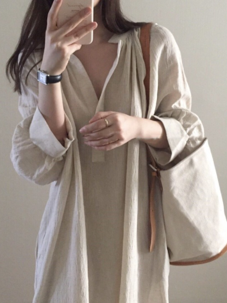 Basic Casual Dresses Summer Loose Ladies Dress Solid Color Simple Cotton and Linen Shirt Dress Mid-length V-neck Over-the-knee Casual Dress 230519