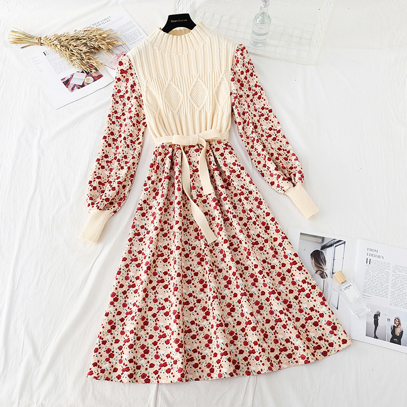 Basic Casual Dresses Autumn Sweater Dresses for Women Winter Splicing Pullover Bow Belt Slim Knitting Sweet Corduroy Floral Print Midi Dress Vestidos 
