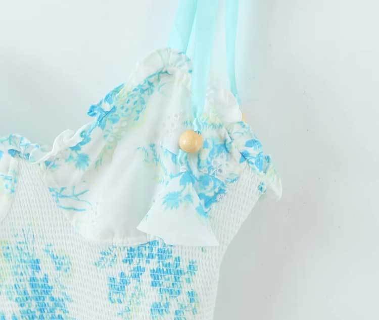 Basic Casual Dresses Boho Inspired blue floral straps party dress bow tied shoulder smocked bodice embroidery summer dress chic ladies mini dress 2305