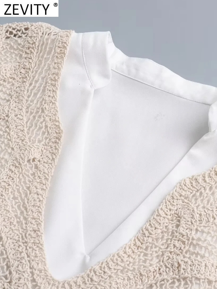 Basic Casual Dresses Zevity Women Fashion V Neck Lace Crochet Patchwork White Mini Dress Female Chic Long Sleeve Lace Up A Line Vestidos DS1905 230519