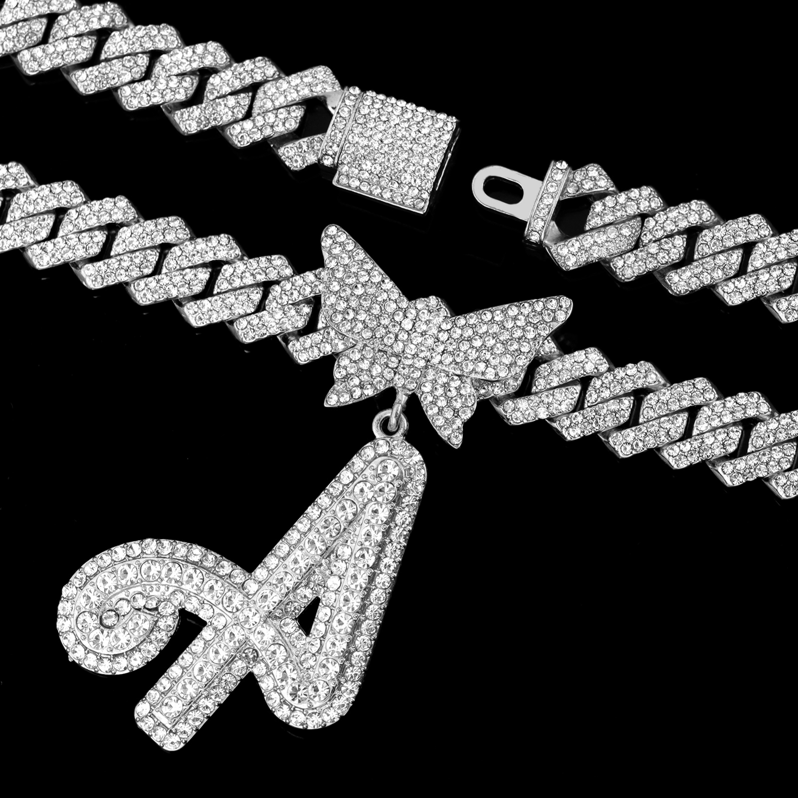 Chokers Men Women 14MM Cuban Chain Crystal Butterfly Initials Name Pendant Necklace Iced Out Cursive Letters Rapper Jewelry 230519