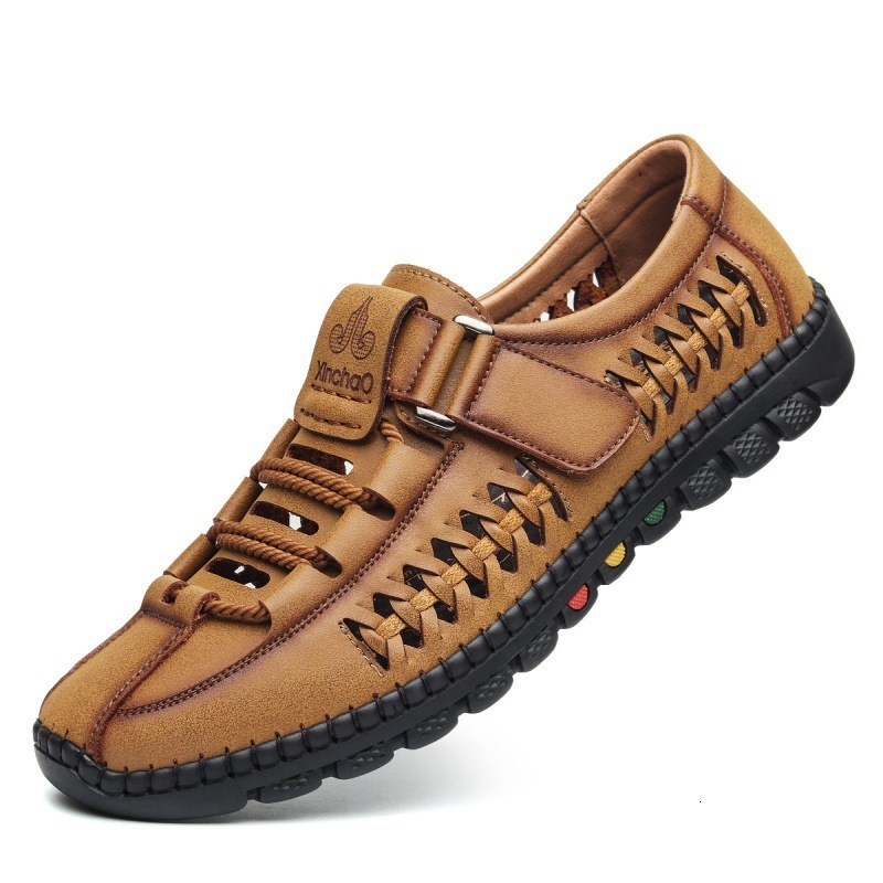 Sandals Summer Men Sandals Leisure Breathable Comfort Mens Beach Shoes Fashion Solid Hand Sewn Male Flat Casual Leather Sandals 230519
