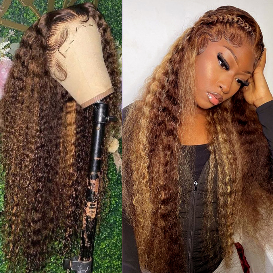 Long Brown/Blonde Highlight Wig Deep Wave Brazilian Lace Frontal Wig Ombre Curly Water Wave Lace Front Wigs Synthetic For Women