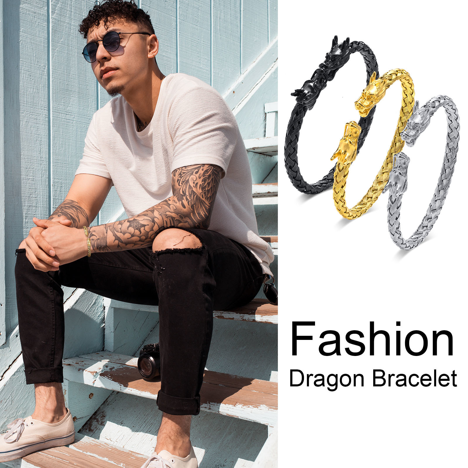Chain Dragon Head Bracelet Men Bracelets Stainless Steel Weave Cuff Bangle Stacking Bangle Bracelet 230519