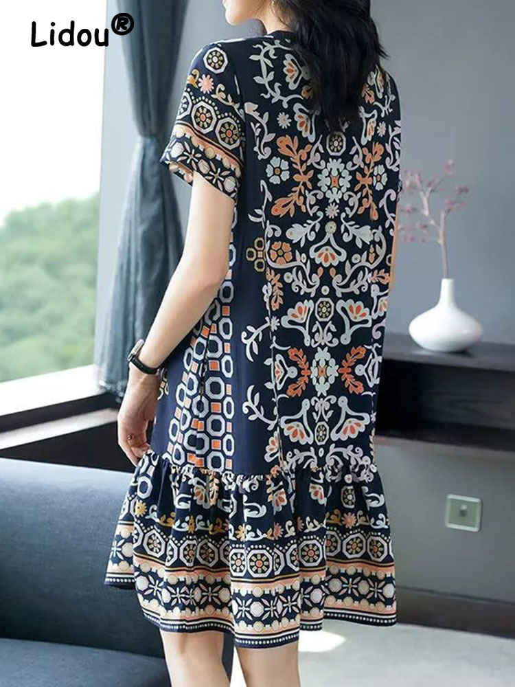 Basic Casual Dresses Summer Round Neck Elegant Fashion Temperament Vintage A-line Dresses Short Sleeve Printing Leisure Midi Dress Vestidos 230519