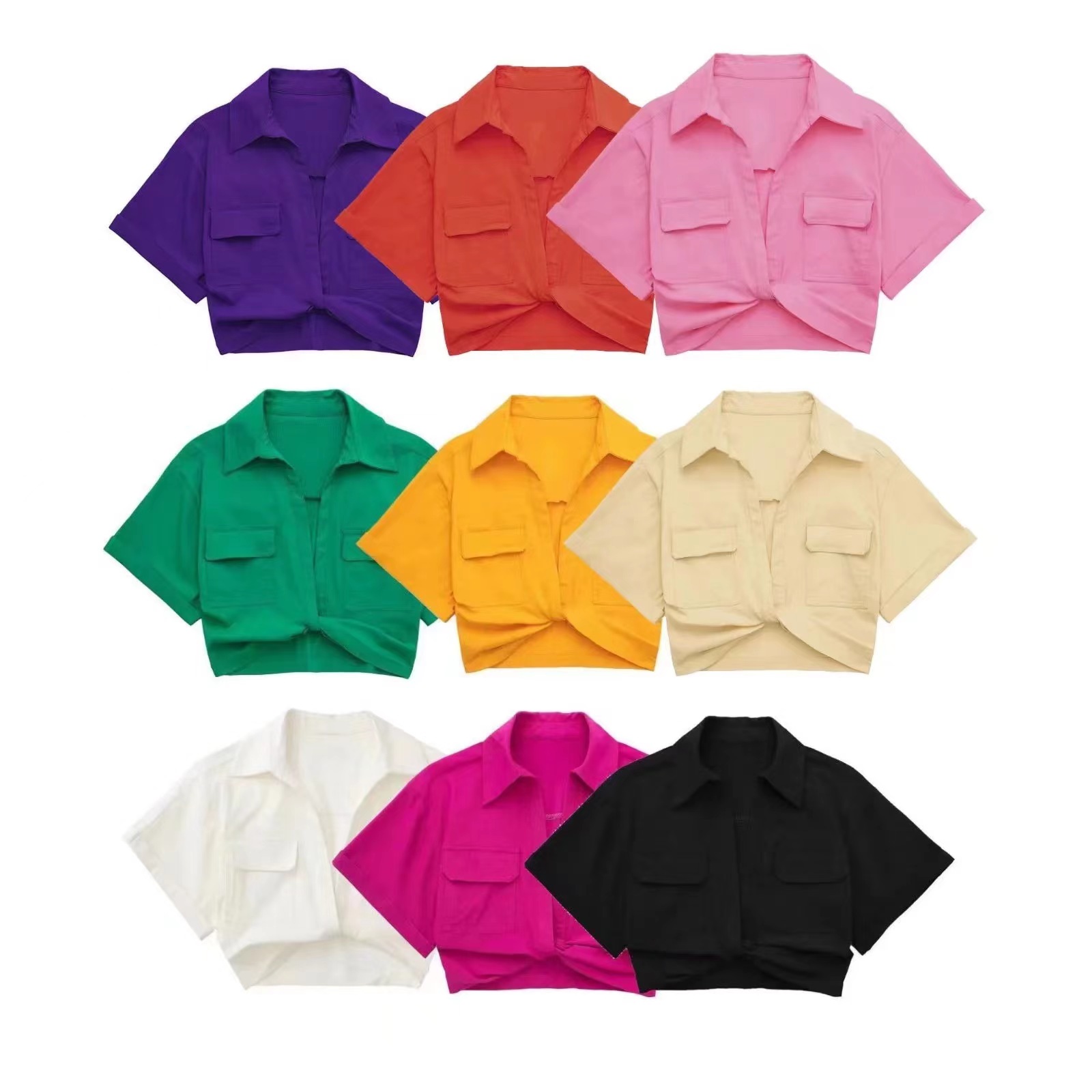 Flap Pocket Twist Hem Shirt Tees Tshirt Summer Fashion Womens Short Sleeve High Quality Clothes T Shirts Tops