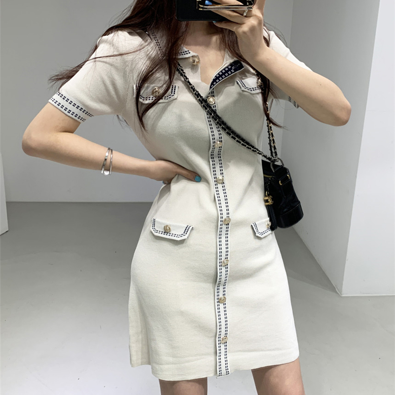 Basic Casual Dresses Women Mini Knitted Dress Vintage Metal Buttons High Waist Sheath Pencil Dresses Turn-down Neck Elegant Dress Office Lady N237 230
