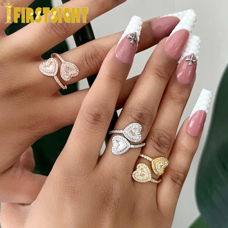 Band Rings Iced Out Bling Rectangle CZ Heart Ring Gold Silver Color Micro Pave Open Adjustable Size Square Fashion Women Jewelry 230519