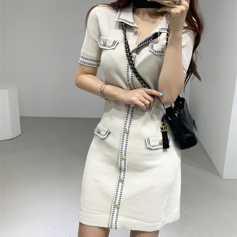 Basic Casual Dresses Women Mini Knitted Dress Vintage Metal Buttons High Waist Sheath Pencil Dresses Turn-down Neck Elegant Dress Office Lady N237 230