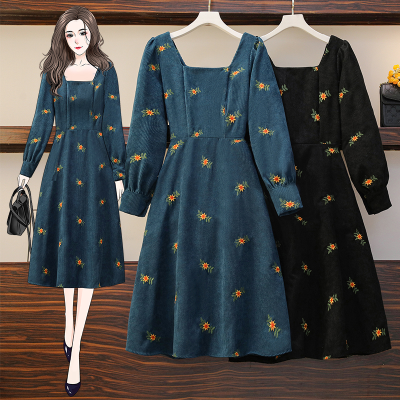 Basic Casual Dresses EHQAXIN Retro Corduroy Dress Autumn Womens Vintage Square Collar Puff Long Sleeve High Waist Floral Embroidery Midi Dresses 23051