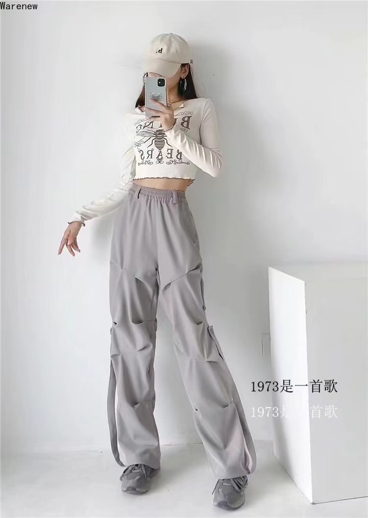 Womens Two Piece Pants Y2K Casual Wide Leg Elastic Waist 2023 Spring Korean Streetwear Oversized High Joggers Grey Pleated Trousers 230519