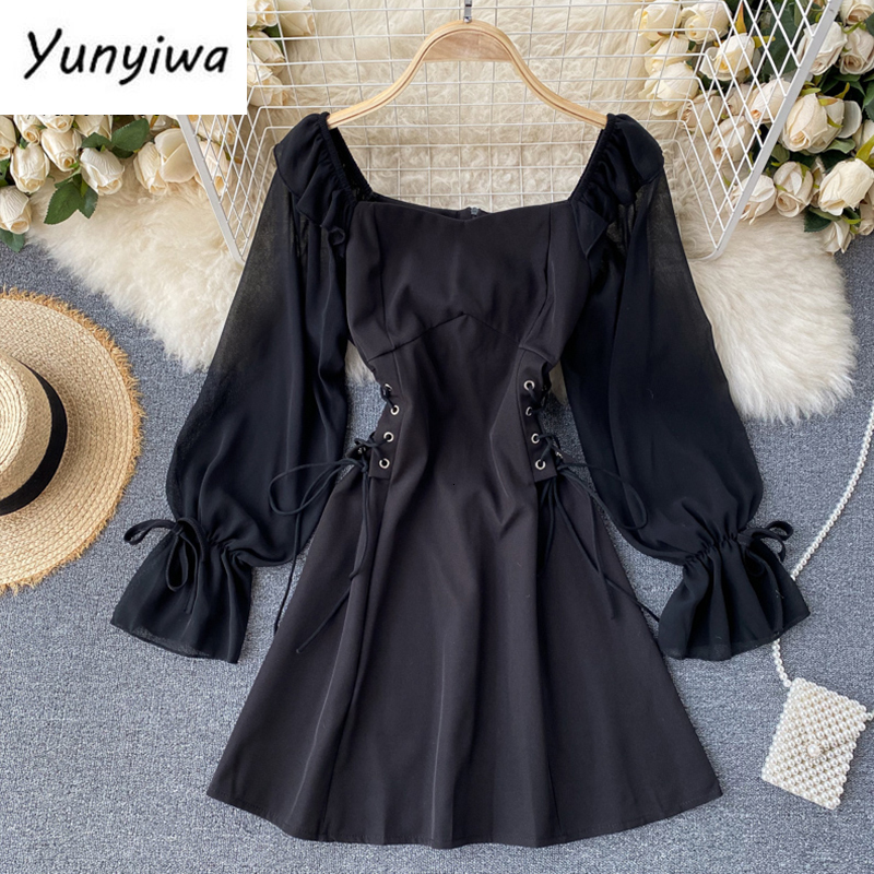 Basic Casual Dresses Spring Autumn Dress Retro Gothic Women Black White Slim Waist Bandage Dress Ruffled Puff Sleeve Korean Vestidos 230519