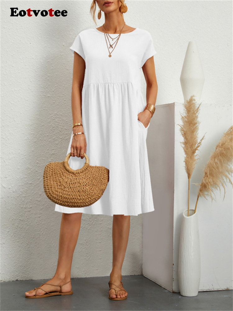 Basic Casual Dresses Eotvotee Cotton Linen Summer Dress for Women High Waisted O Neck Short Sleeve Midi Dresses Solid Vintage Casual Dress 230519
