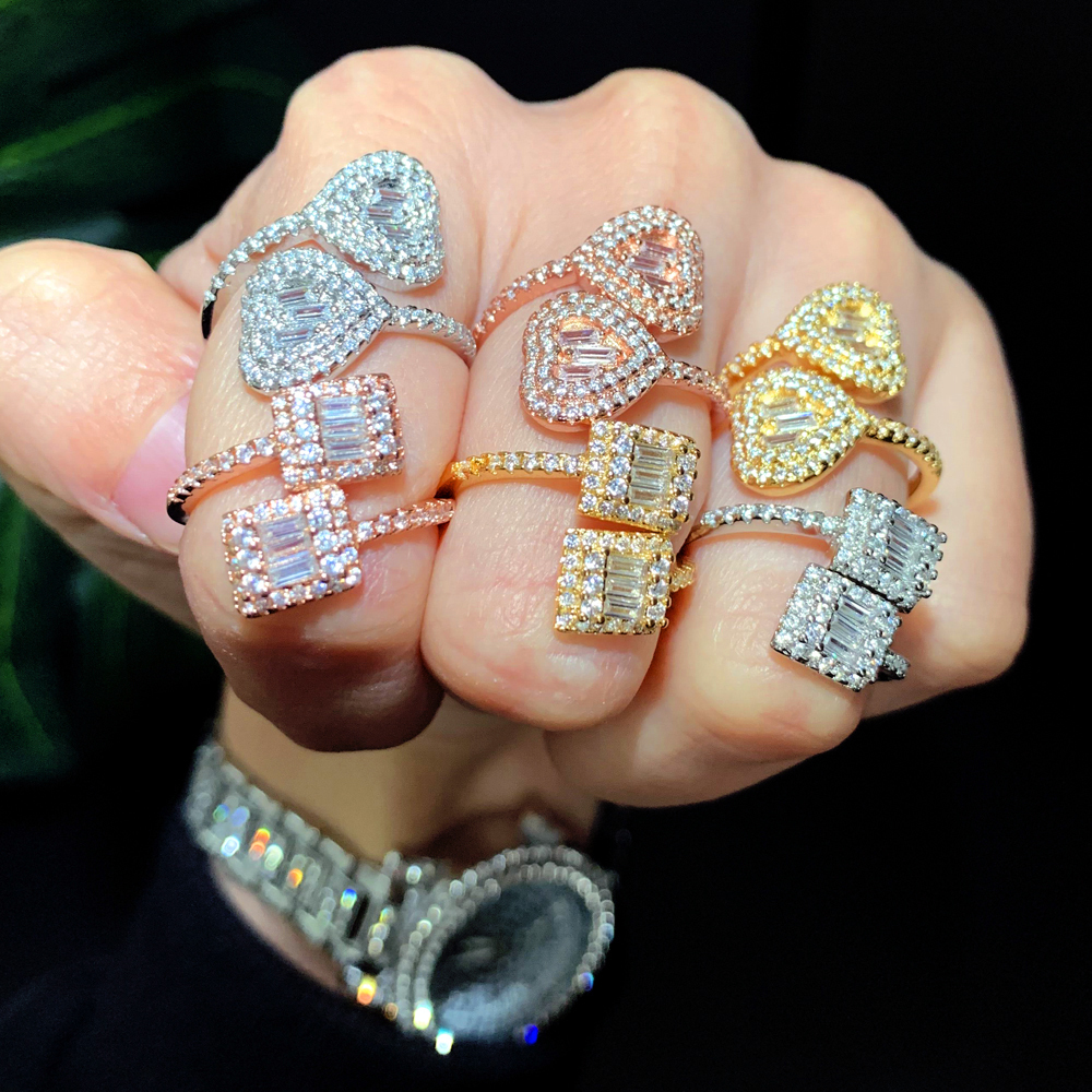 Band Rings Iced Out Bling Rectangle CZ Heart Ring Gold Silver Color Micro Pave Open Adjustable Size Square Fashion Women Jewelry 230519