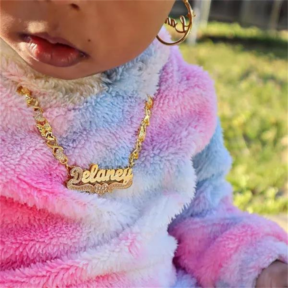 Strands Strings Personalized Necklace Custom Gold Plated Name Teddy Heart XOXO Chain Double Layer Two Tone with 230519