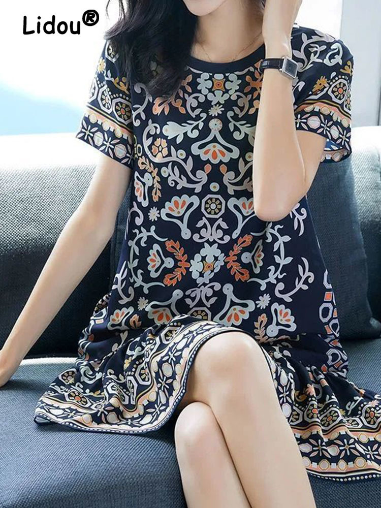 Basic Casual Dresses Summer Round Neck Elegant Fashion Temperament Vintage A-line Dresses Short Sleeve Printing Leisure Midi Dress Vestidos 230519