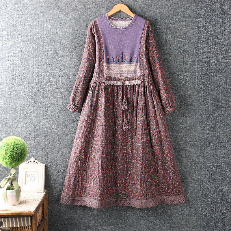 Basic Casual Dresses Autumn Knitting Patchwork Floral Dress Women Long Sleeve Round Neck Midi Dress XYF083009 230519