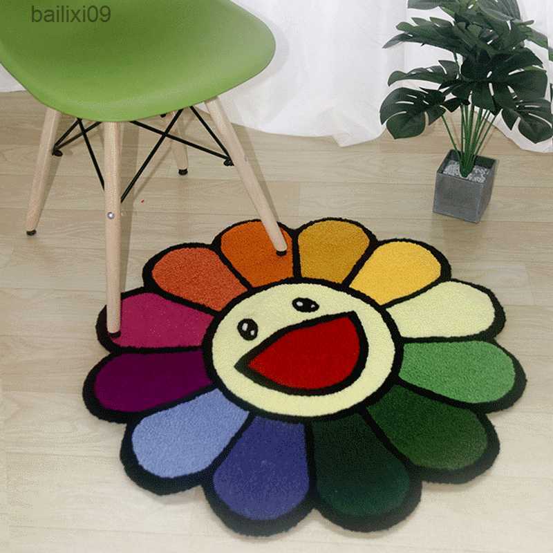 Fashion Dirtyresistant Cartoon Living Room Carpet Cute Soft Sunflower Round Children Room Rug Washable Easy Care Nonslip Rugs T230519