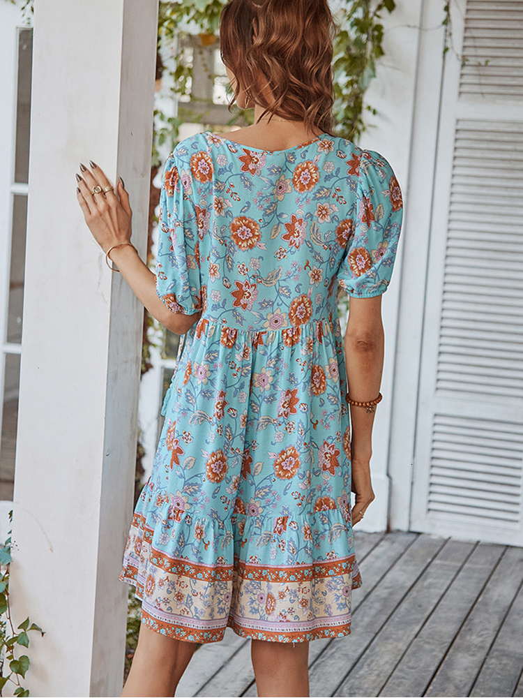 Basic Casual Dresses Floral Puff Sleeve Summer Dress Women Casual Loose Ruffle Boho Holiday Beach Sundress Green Vintage Elegant Lace-up Mini Dresses 