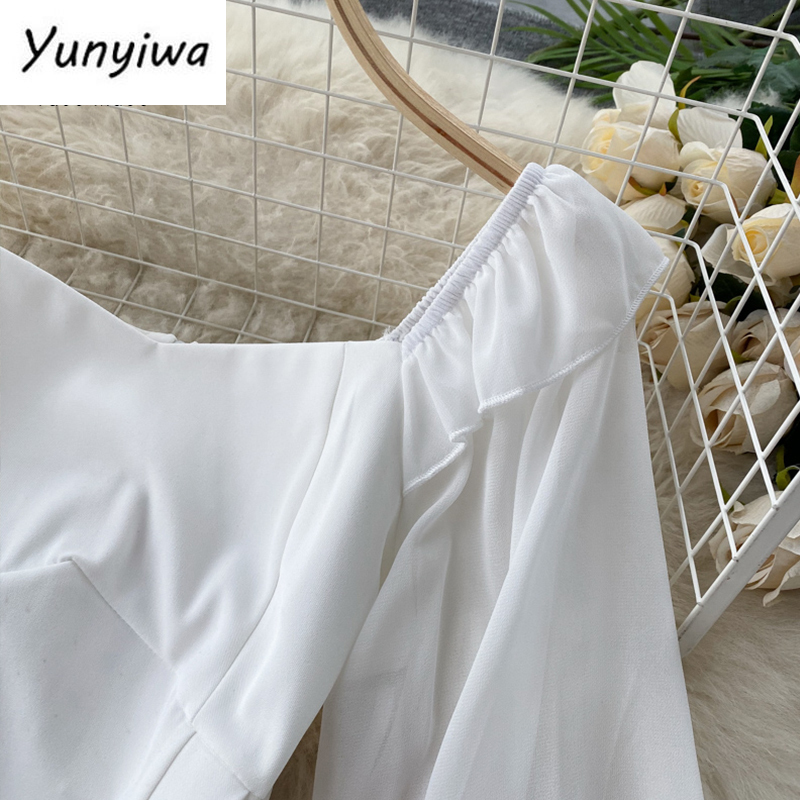 Basic Casual Dresses Spring Autumn Dress Retro Gothic Women Black White Slim Waist Bandage Dress Ruffled Puff Sleeve Korean Vestidos 230519