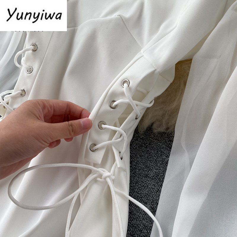 Basic Casual Dresses Spring Autumn Dress Retro Gothic Women Black White Slim Waist Bandage Dress Ruffled Puff Sleeve Korean Vestidos 230519