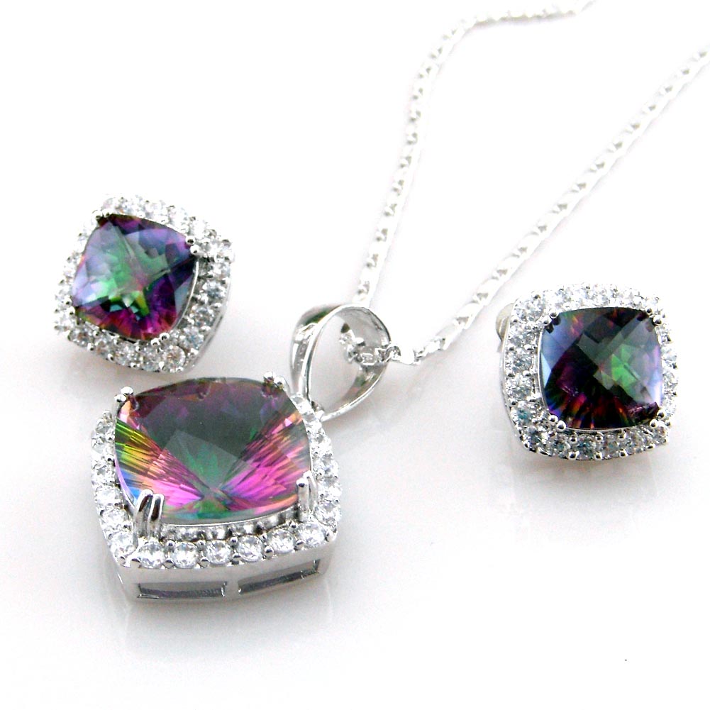 Mystic Rainbow Jewelry Set Wedding Ring Earring Snd Pendant Jewelry Set 925 Stamped Natural Quartz Stone Jewelry for Women