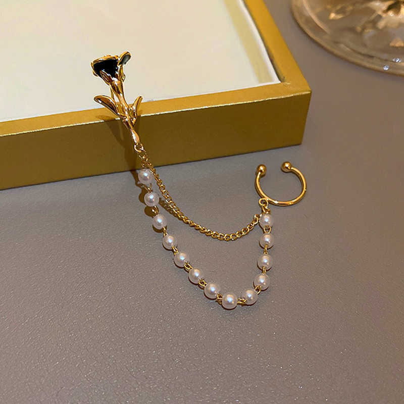 Charm 2022 Rose Flower Pearl Chain Stud Earrings Korean Style Ear Clip Long Tassel Earring Fashion Gold Ear Studs For Women Jewelry AA230518