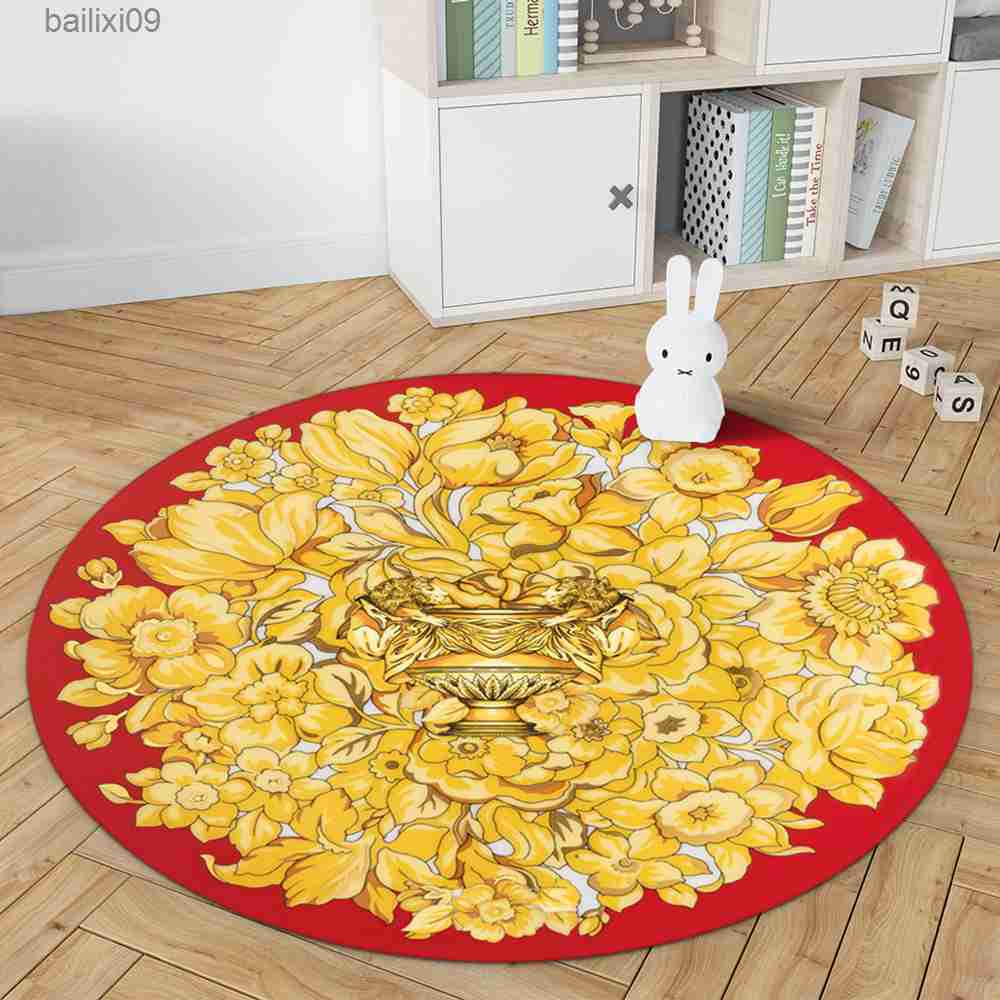 Carpets Gold Round Carpets Living Bedroom Area Rug Room Bedside Chair Mat European Style Home Decoration Carpet Tatami Mat Alfombras T230519