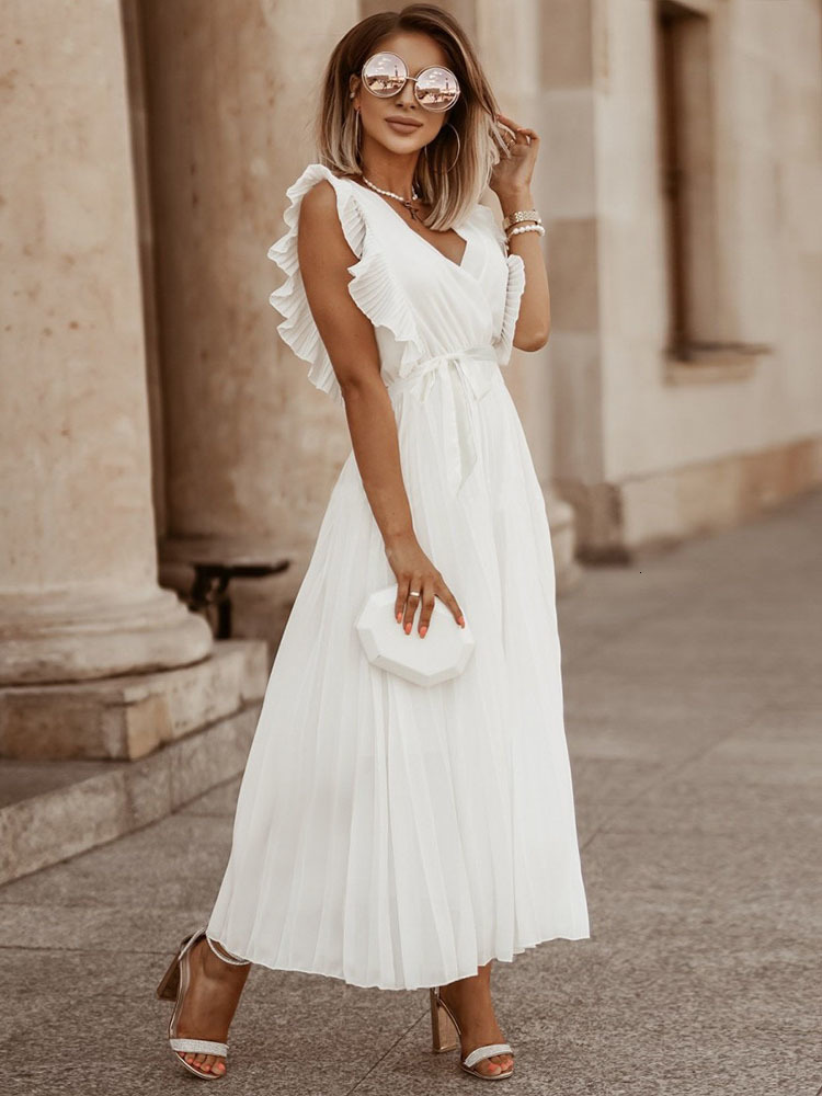 Basic Casual Dresses Msfilia Women's V Neck Ruffle Sleeve Solid Color A Line High Waist Casual Long Dress For Fashion 230519