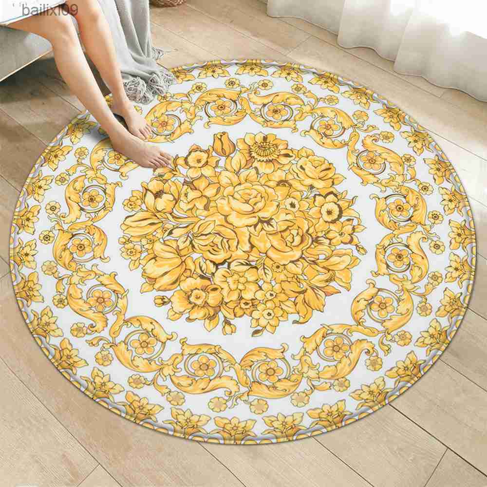 Carpets Gold Round Carpets Living Bedroom Area Rug Room Bedside Chair Mat European Style Home Decoration Carpet Tatami Mat Alfombras T230519