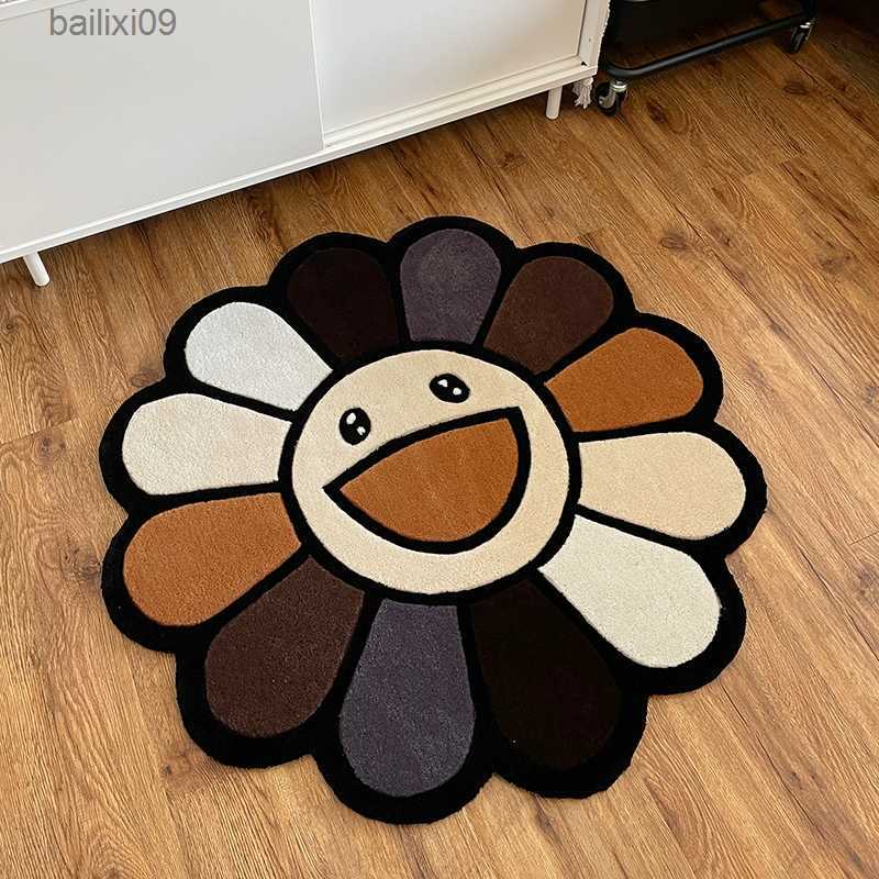 Fashion Dirtyresistant Cartoon Living Room Carpet Cute Soft Sunflower Round Children Room Rug Washable Easy Care Nonslip Rugs T230519