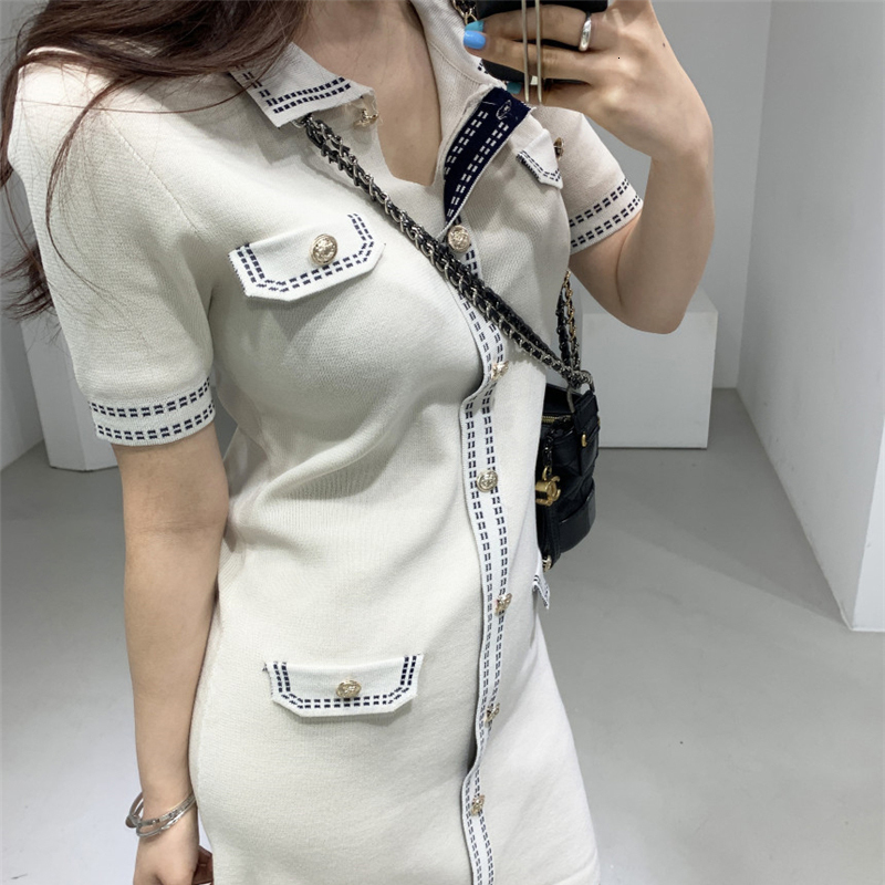 Basic Casual Dresses Women Mini Knitted Dress Vintage Metal Buttons High Waist Sheath Pencil Dresses Turn-down Neck Elegant Dress Office Lady N237 230