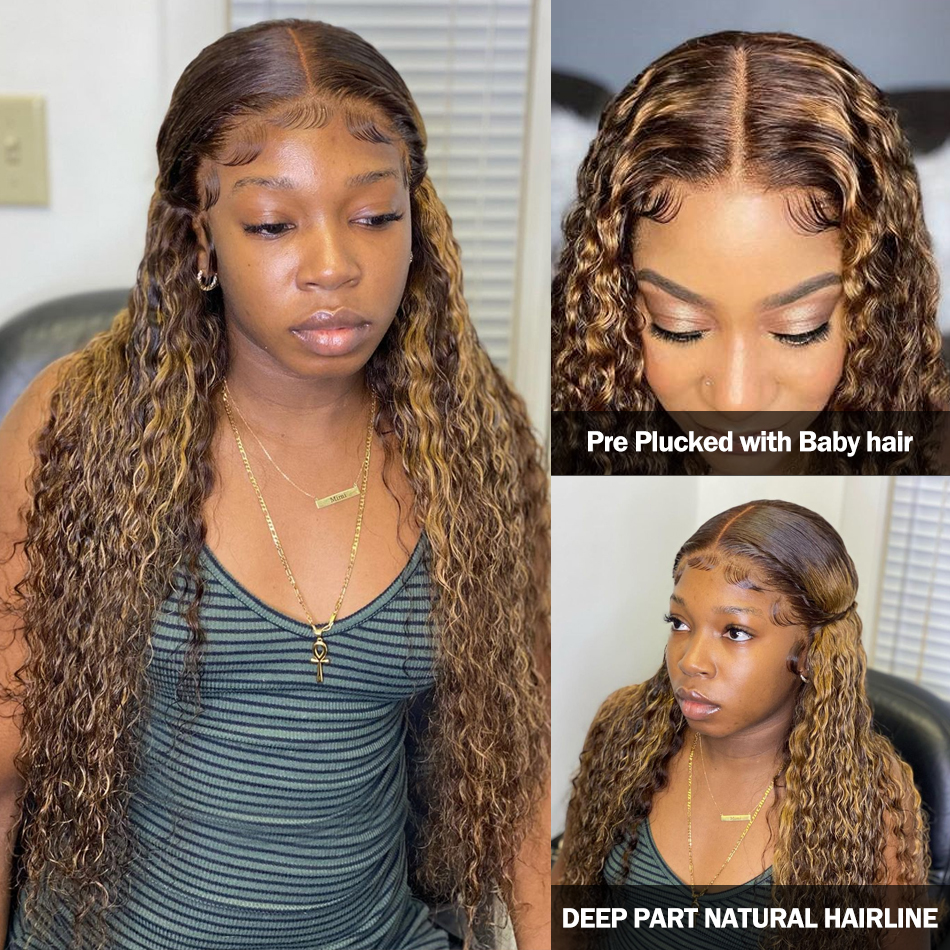 Brazilian Hair 13x4 Highlight Lace Front Wig 36 Inch Curly Human Hair Wig Honey Blonde Deep Water Wave Synthetic Frontal Wigs For Women