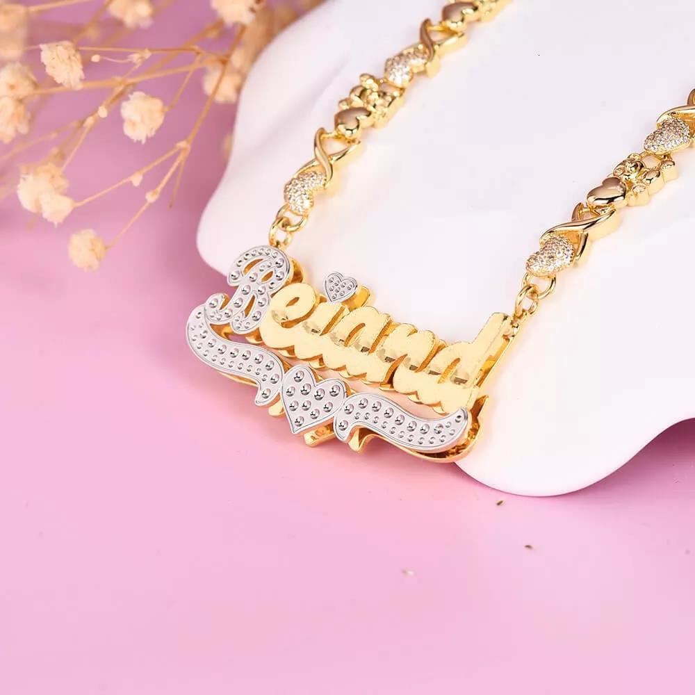 Strands Strings Personalized Necklace Custom Gold Plated Name Teddy Heart XOXO Chain Double Layer Two Tone with 230519