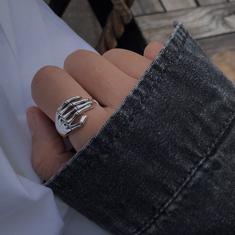 Couple Rings 2pcs Resizable 925 Sterling Silver Ring Good looking Punk Vintage Unisex Finger Skeleton Hand Grip Shaped Jewelry Loop Gift 230519