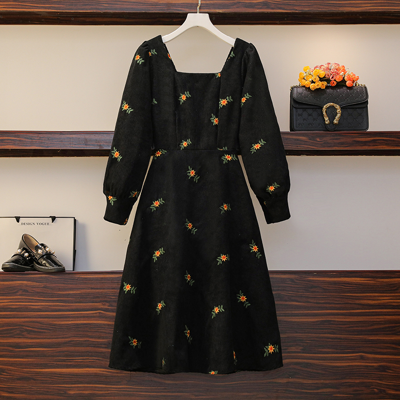 Basic Casual Dresses EHQAXIN Retro Corduroy Dress Autumn Womens Vintage Square Collar Puff Long Sleeve High Waist Floral Embroidery Midi Dresses 23051