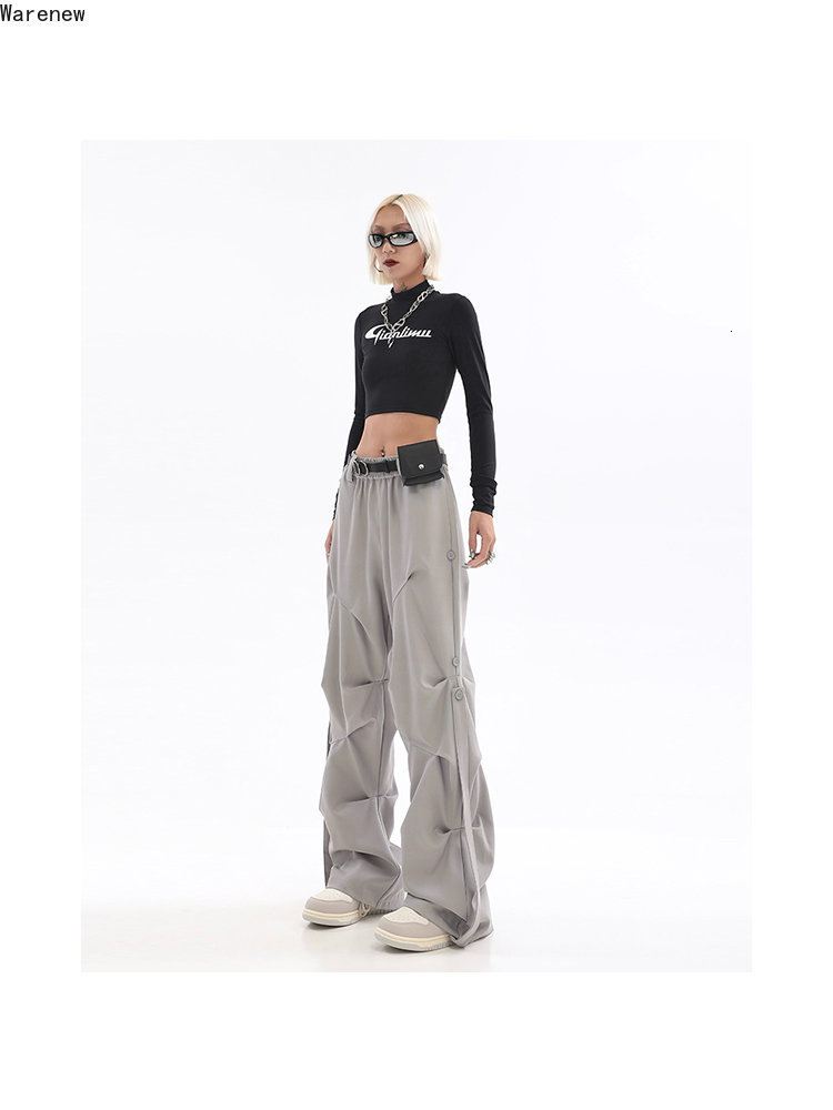 Womens Two Piece Pants Y2K Casual Wide Leg Elastic Waist 2023 Spring Korean Streetwear Oversized High Joggers Grey Pleated Trousers 230519