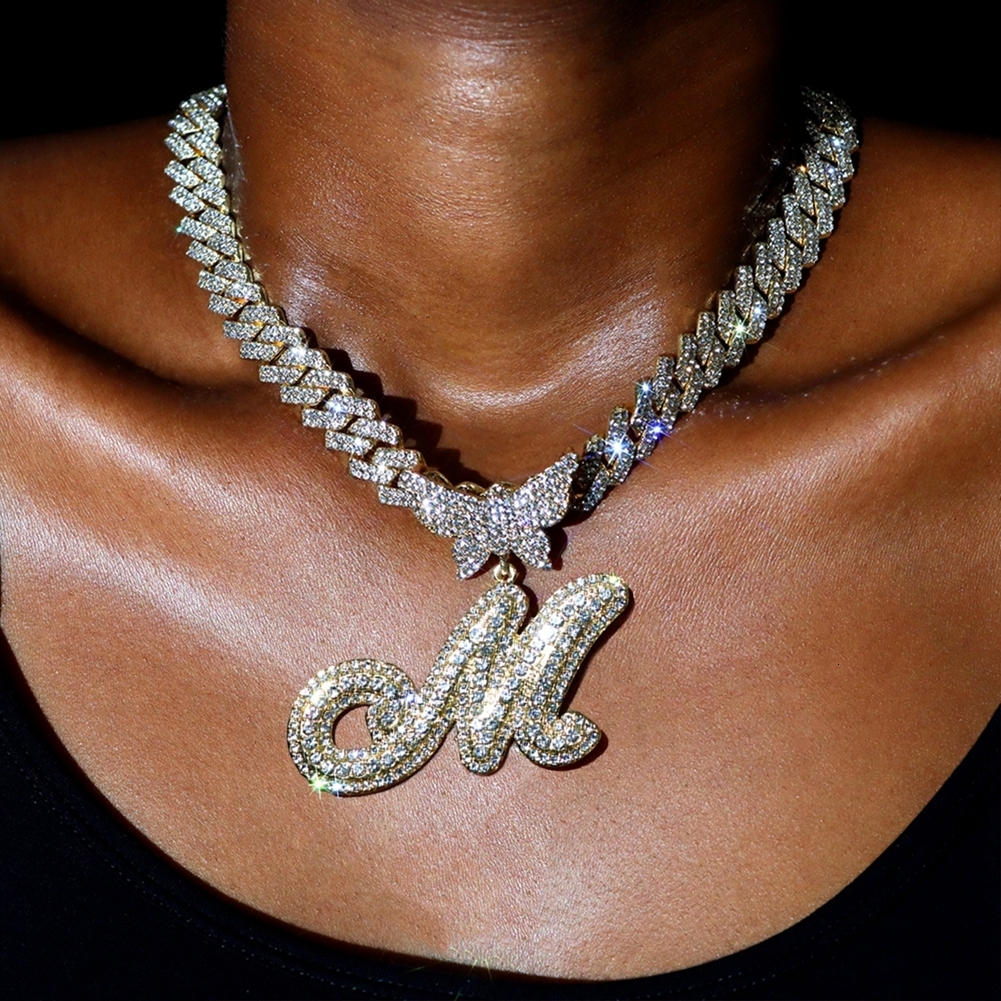 Chokers Men Women 14MM Cuban Chain Crystal Butterfly Initials Name Pendant Necklace Iced Out Cursive Letters Rapper Jewelry 230519