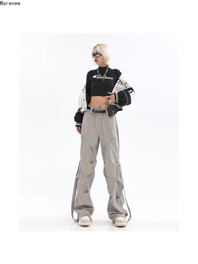 Womens Two Piece Pants Y2K Casual Wide Leg Elastic Waist 2023 Spring Korean Streetwear Oversized High Joggers Grey Pleated Trousers 230519