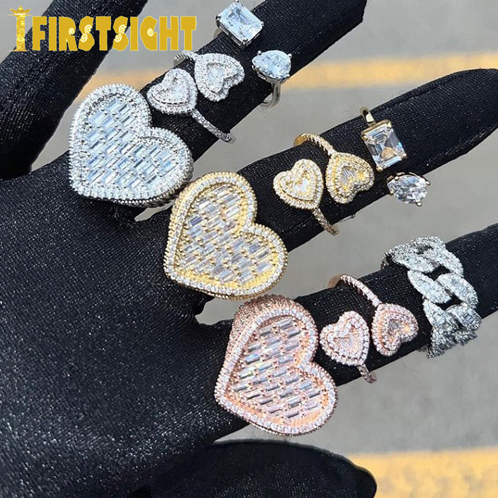 Band Rings Iced Out Bling Big Heart Ring Gold Silver Color Rectangle CZ Micro Pave Cubic Zircon Finger Hip Hop Punk Men Women Jewelry 230519