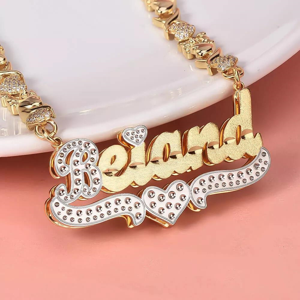 Strands Strings Personalized Necklace Custom Gold Plated Name Teddy Heart XOXO Chain Double Layer Two Tone with 230519