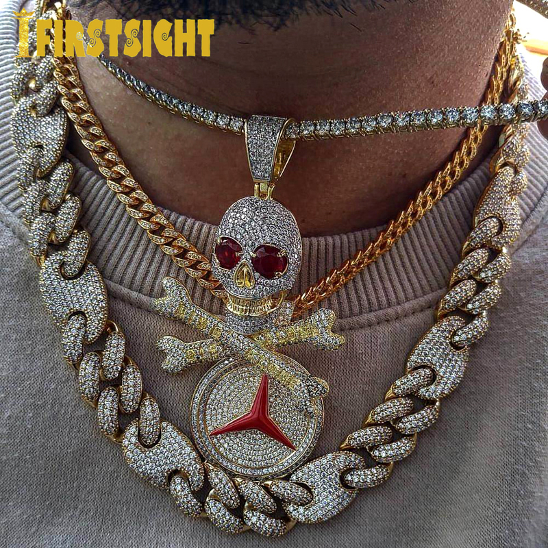 Chokers Iced Out Bling Pirate Skull Pendant Necklaces Gold Silver Color 5A Zircon Letters Live Alone Charm Men s Hip Hop Jewelry 230519