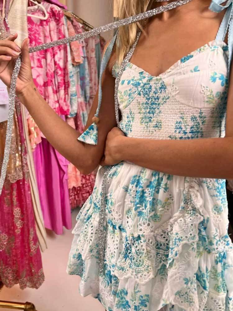 Basic Casual Dresses Boho Inspired blue floral straps party dress bow tied shoulder smocked bodice embroidery summer dress chic ladies mini dress 2305