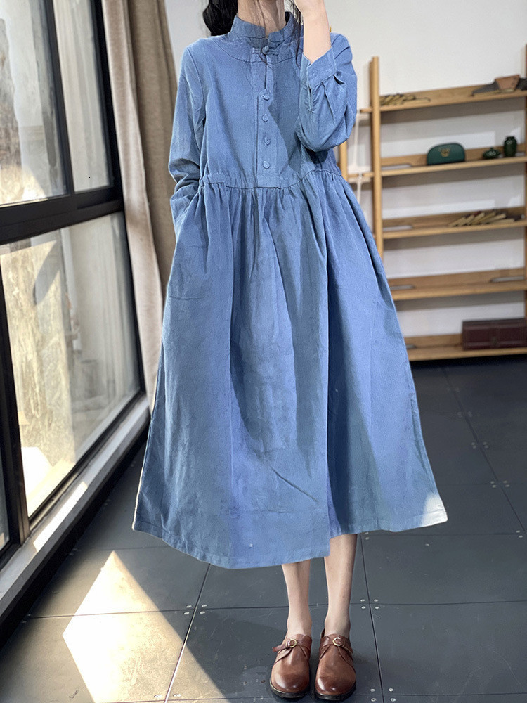 Basic Casual Dresses Arrival Stand Collar Corduroy Vintage Autumn Winter Dress Office Lady Outwear Work Dress Women Spring Casual Midi Dress 230519