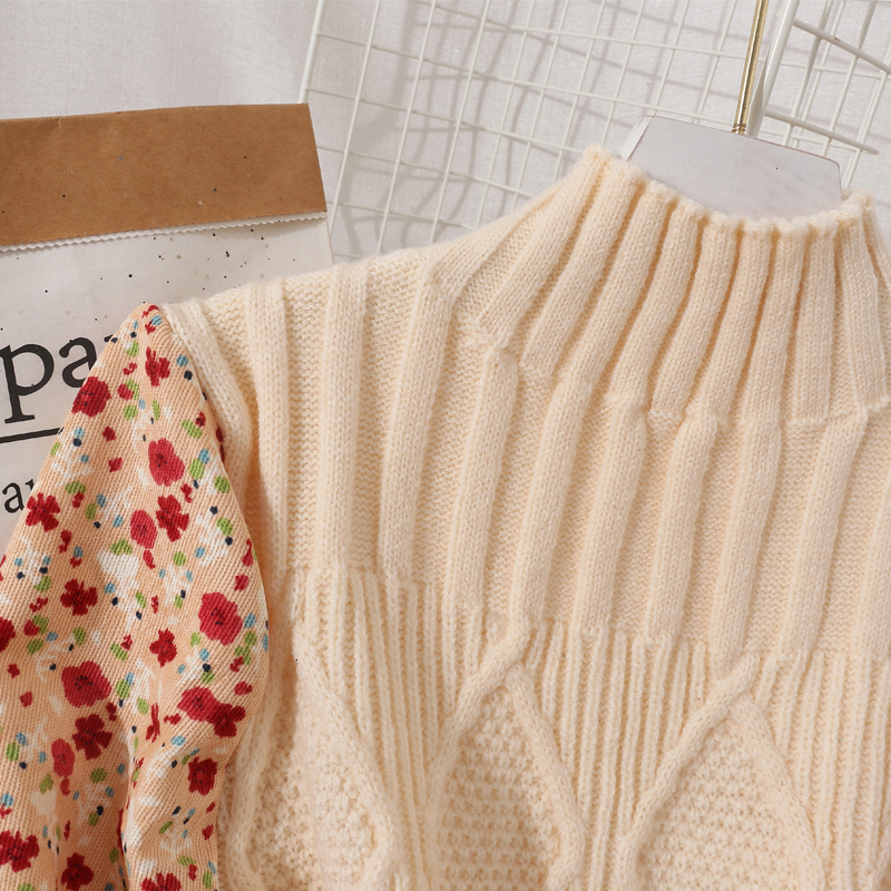 Basic Casual Dresses Autumn Sweater Dresses for Women Winter Splicing Pullover Bow Belt Slim Knitting Sweet Corduroy Floral Print Midi Dress Vestidos 