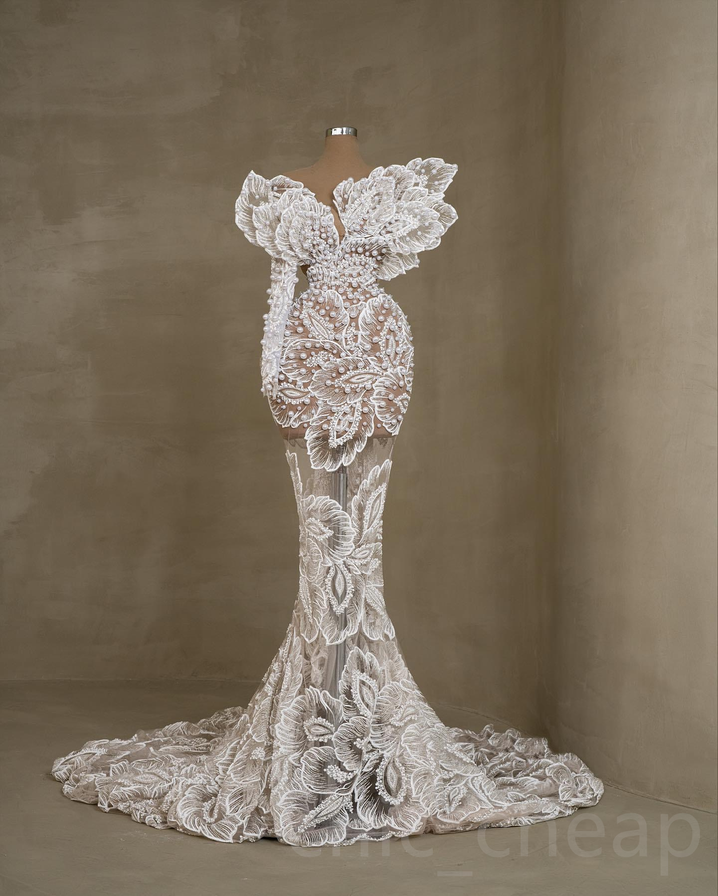 Arabic Aso Ebi Lace Mermaid Wedding Dress | Pearls Long Sleeves See Through