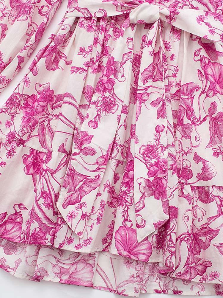 Basic Casual Dresses Floral Print Lantern Sleeve Bow Dress Vintage V-neck X-shaped Short Shirt Dresses Women's Vacation Beach High Street Vestido