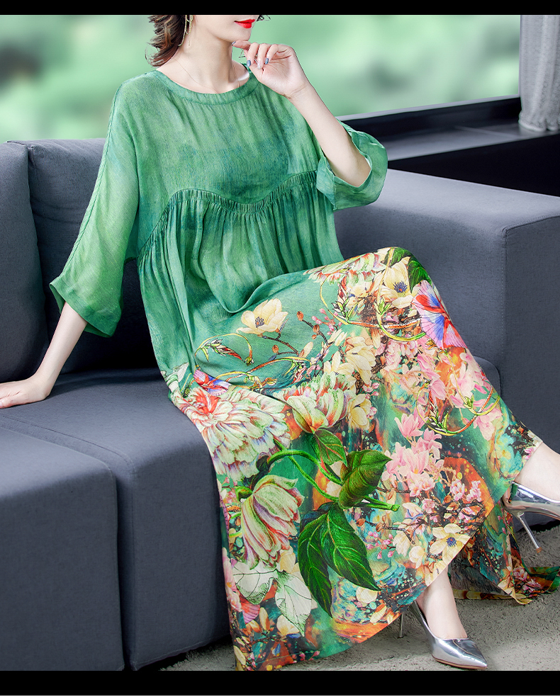 Basic Casual Dresses Ladies O Neck Loose Casual Vintage Printed Silk Midi Dresses Robe Spring Summer Prom Dress Women Elegant Party Vestidos 230519