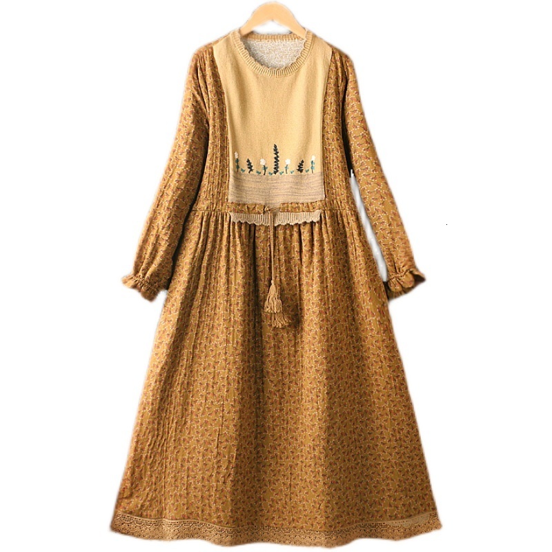 Basic Casual Dresses Autumn Knitting Patchwork Floral Dress Women Long Sleeve Round Neck Midi Dress XYF083009 230519